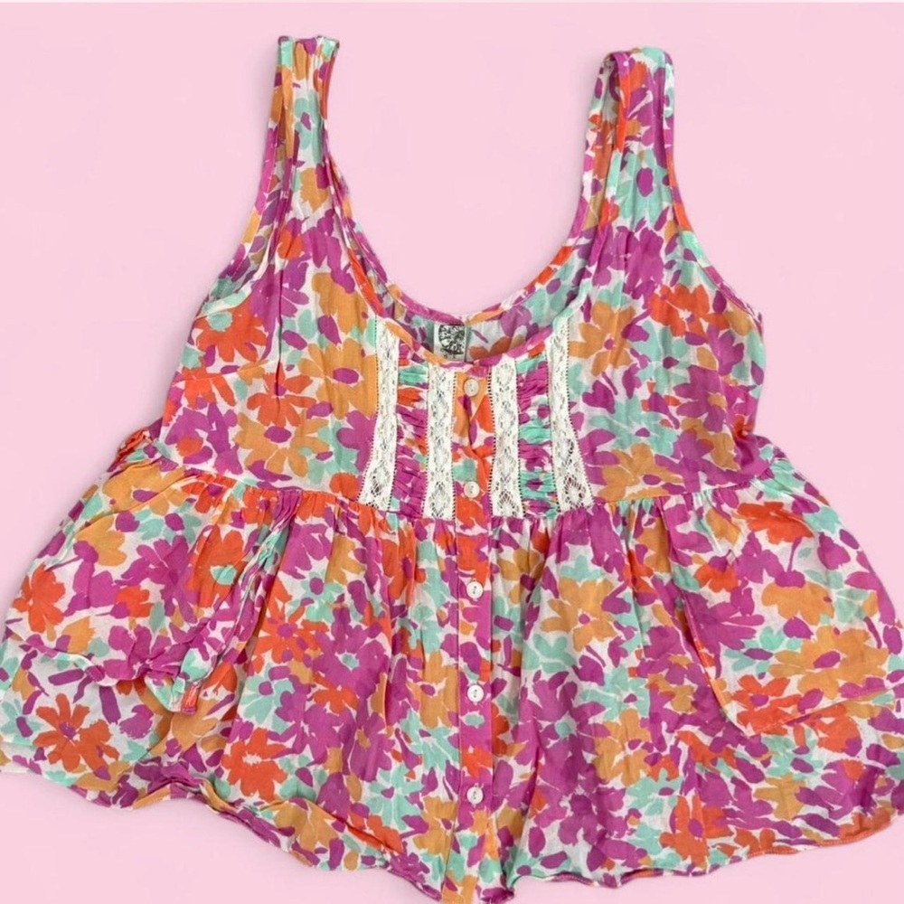 Free People Floral Boho Tank Top Lace Panel Button Front Flowy Sz Small